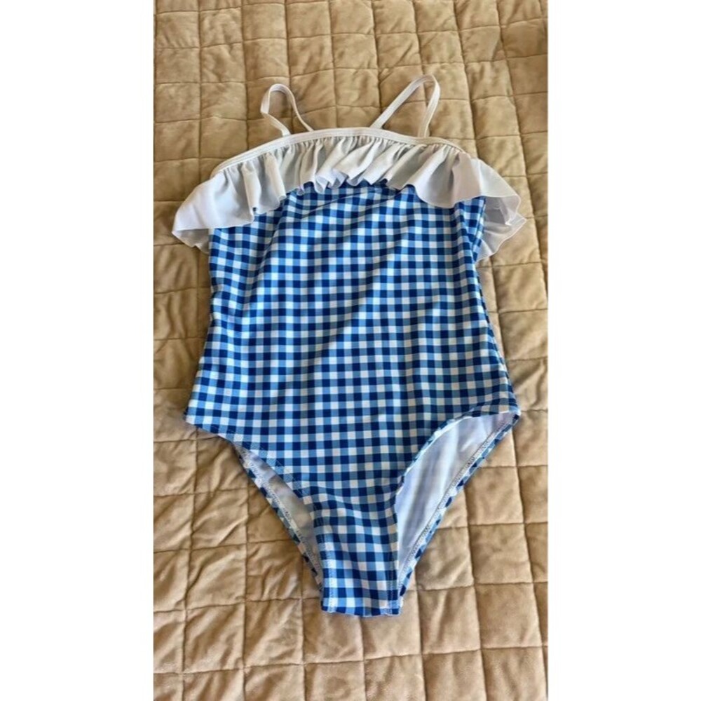 Coquette Blue Gingham Ruffle One Piece Swimsuit Girls 9-10T Cottagecore